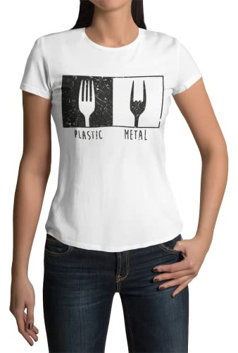 Trendig Modernes Damen Shirt Metal Plastic Pommesgabel T-Shirt Gothic Frauen Heavy Metalfans Rockige Kurzarm Bekleidung Horns Horn Grunge Clothes RocknRoll Punkrock Gr. XS-XXXL… (Weiß, S)