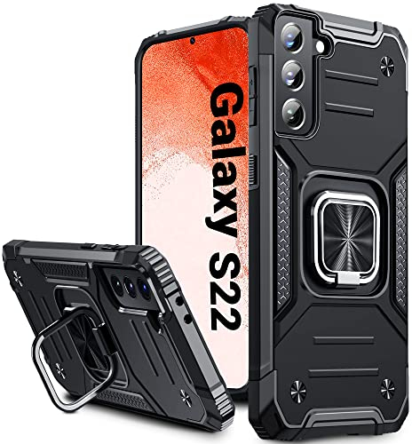 Vakoo für Samsung Galaxy S22 Hülle, Militär Stoßfest Handyhülle mit 360 Grad Metal Ring Halter Ständer Schutzhülle (6,1 Zoll), Schwarz