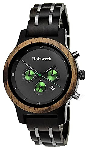 Holzwerk Germany Handgefertigte Designer Damen-Uhr Öko Natur Holz-Uhr Chronograph Armband-Uhr Analog Quarz-Uhr Schwarz Braun Grün Datum Holz Ziffernblatt
