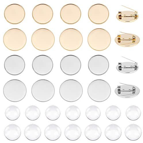 UNICRAFTALE 20 flache Runde Broschennadel Mit 24 Glas Cabochons 304 Edelstahl Broschen Lünetten Tabletts DIY Blank Dome Brosche Making Kit Für DIY Schmuckherstellung In Goldener Und Edelstahlfarbe