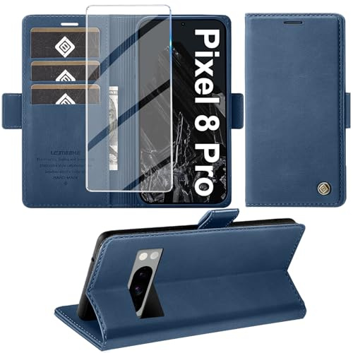 Giyer für Google Pixel 8 Pro Hülle mit Displayschutzfolie, Handyhülle Pixel 8 Pro Premium Leder Wallet Klapphülle Standfunktion Kartenfach Schutzhülle für Google 8 Pro Lederhülle Flip Case (Blau)