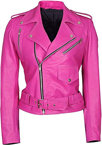 Suiting Style Veste de moto classique en cuir véritable pour femme - Rose vif, rose vif, XL