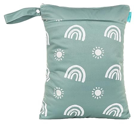 Treer Baby Windeltasche Bohemian Regenbogen 30x40cm Doppelt Reißverschluss Wasserdichte Wetbags - Nass-Trocken-Trennung - Hängende Kleinkind Stoffwindeln Organiser Beutel (Grün)