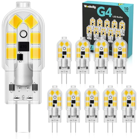Wonkelly G4 LED Lampe, 10er 6000K 200lm Led Leuchtmittel, 2W Led Glühbirne Kaltweiss Ersatz 20W Halogenlampen, AC/DC 12V G4 Led Birne Kein Flackern Nicht Dimmbar Geeignet für Wohnzimmer, Schlafzimmer