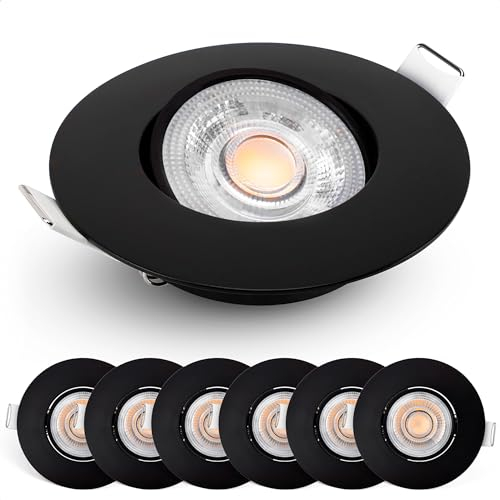 EMOS LED Einbaustrahler 230V dimmbar, 4,9W / 480lm, 50° schwenkbar, warmweiß 2700K | Set mit 6 Stück Einbaustrahler LED Spot ultraflach, rund | Deckenspots LED dimmbar für Innenräume, Farbe schwarz