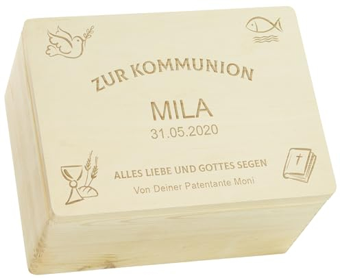 LAUBLUST Holzkiste zur Kommunion - Kirchen Symbole Motiv | Geschenkkiste Personalisiert mit Gravur, FSC® (Natur, ca. 40 x 30 x 24 cm | XL)
