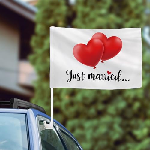 BOFUNX 2 Stücke Frisch Verheiratet Autofahne Hochzeit Autoflagge Hochzeitsfahne Autoschmuck Hochzeitsdeko 47×30cm