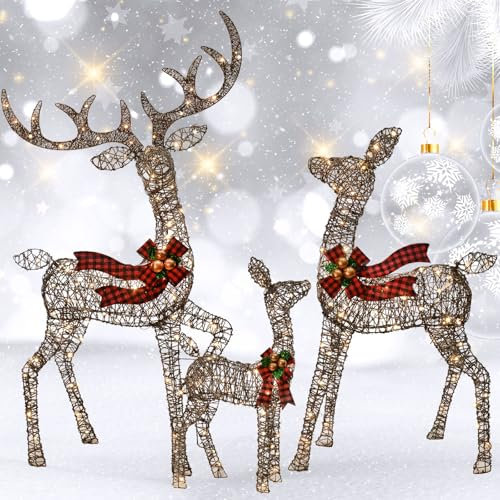 Weihnachtsdekoration für den Außenbereich, Rattan-Rentierfamilie – Leuchtendes Rattan-Hirsch-3er-Set mit 210 LED– Außenhof-Dekorationsset inklusive beleuchtetem 3-teiligem Hirsch – Braun