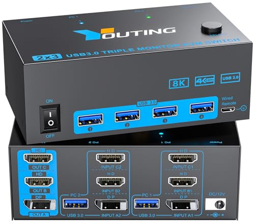 YOUTINGHDAV KVM Switch 2 PC 3 Monitore,Triple Monitore KVM Switches 2 HDMI + Displayport 4K@144Hz 8K@60Hz, USB 3.0 KVM Switch HDMI DP für 2 PC Teilen Maus, Tastatur und 3 Monitore, Wired Remote