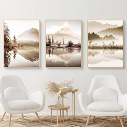 Ueiwffzo 3er Premium Poster Set, Beige Wald Landschaft Bilder, Moderne Natur Landschaft Leinwand Bilder für Büro Schlafzimmer Wohnzimmer Deko, Ohne Rahmen (A,50x70cm)