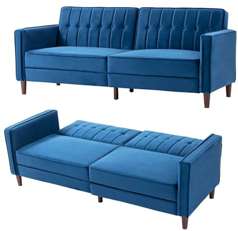HOMCOM Convertible Sofa Bed 189cm Click Clack 3 Seater Blue | Button Tufted, Velvet Sleeper Couch, Split Reclining Backrest, Rubber Wood Legs