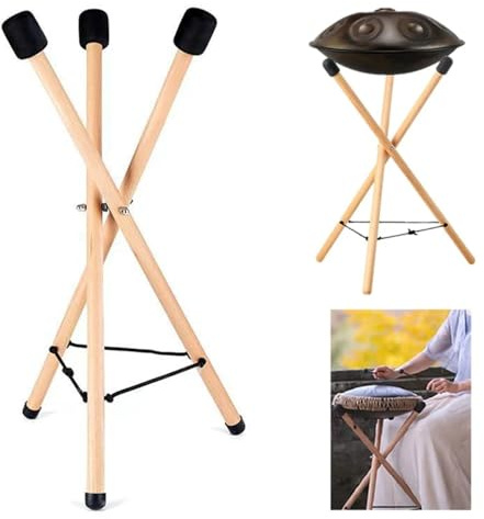 Triangel-Ständer aus Massivholz verstellbar 10 – 15 Zoll | Dreibein Holz-Haltegestell für Stahl-Zungentrommel & Handpan – sicherer Anti-Rutsch Standfuß für Musiker, Studio & Bühne