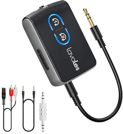 Bluetooth 5.3 Transmitter-Empfänger für TV auf 2 kabellose Kopfhörer, 2-in-1 kabelloser Bluetooth-Adapter, Dual Link aptX Adaptive/LL/HD Audio, 3,5 mm AUX/Cinch-Klinkenadapter für Flugzeug, Soundbars