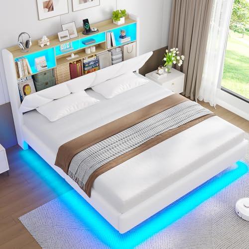 Brinlawb 4ft6 Floating Double Bed Frame with LED Lights & Charging Station (2 AC Sockets, 1 USB-A, 1 USB-C Port) Upholstered Headboard, Openable Backrest Design with Hidden Storage Compartment, White