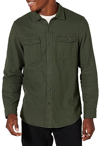 Amazon Essentials Men's Slim-Fit Long-Sleeve Two-Pocket Flannel Shirt, Olive Heather, XS
