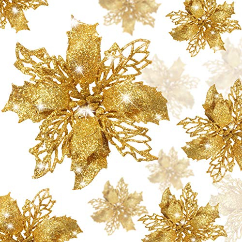 24 Stücke Weihnachten Funkeln Weihnachtsstern Blumen Künstliche Weihnachten Blumen Dekoration Hochzeit Weihnachtsbaum Neujahr Ornamente (Gold)