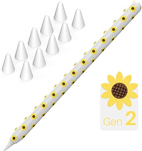 NIUTRENDZ Sunflower iPencil Case for Apple Pencil 2nd Generation Case Cover Silicone Protective Sleeve Skin with 10pcs Apple Pencil Tips Cover (Apple Pencil 2nd Generation, White)