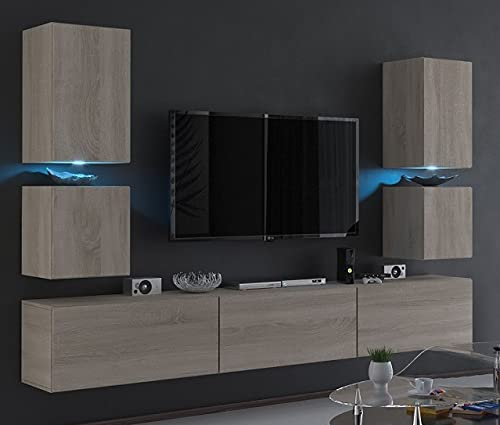 Furnitech Wohnwand Wohnzimmer | Wohnzimmer Möbel mit LED Weiß | Hängend Wohnwand Modern | Wohnzimmer Schrankwand mit Regale und TV Schrank (C75-M-S3 1A Sonoma Eiche)