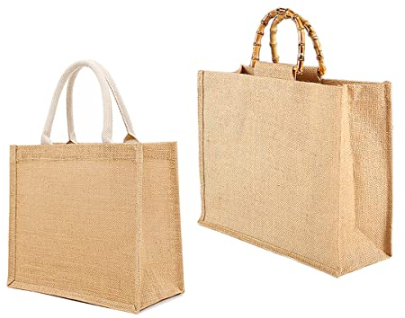 Csirnto Borsa Juta 2 Pezzi Borsa per la Spesa Portatile, Borsa Juta con Manici Bambù e Manici Bianco, Borsa Juta da Rivestire, Naturale Borsa Juta Shopping Bag Borsa Spiaggia