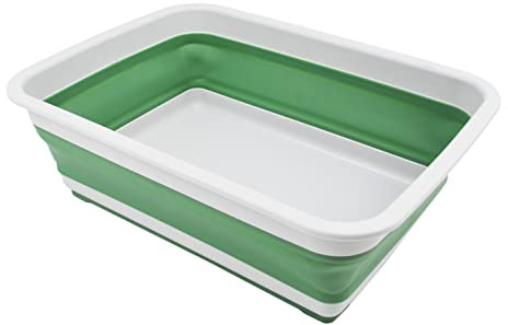 SAMMART - 8L Collapsible Tub - Foldable Dish Tub - Portable Washing Basin - Space Saving Plastic Washtub (Light Grey/Dark Sea Green, 1)