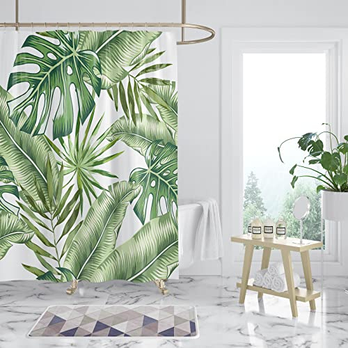 WONGS BEDDING Tenda da doccia 180 x 200 cm, verde, con foglie di banana, per il bagno, anti-muffa, impermeabile, con 12 ganci per tende