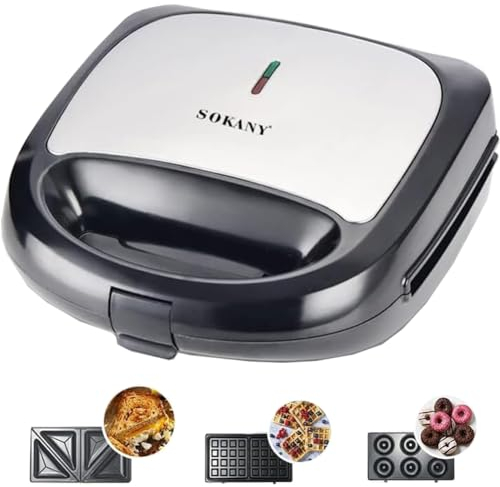 SOKANY Dispositivo multifunción 3 en 1, 750W (Sandwich Maker, Gofrera, Máquina de Donut) Placas Antiadherentes, Horneado de Doble Cara, Control Automático de la Temperatura