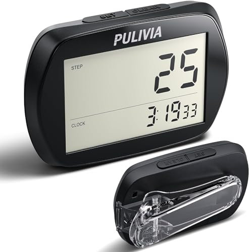 PULIVIA Podómetro para Caminar Contador de Pasos 3D con Reloj, Podómetro Portátil con Clip, Podómetro Simple, Contador de Pasos para Caminar, Negro