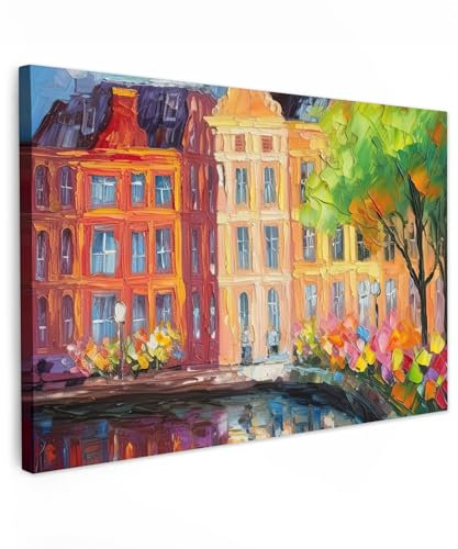 MuchoWow© Bild auf Leinwand Groß 120x80 cm XXL Schlafzimmer Bilder Wand Deko Wohnzimmer Modern Wanddeko Bilderwand Geschenk Kunstdruck - Öl - Amsterdam - Kunst - Bunt