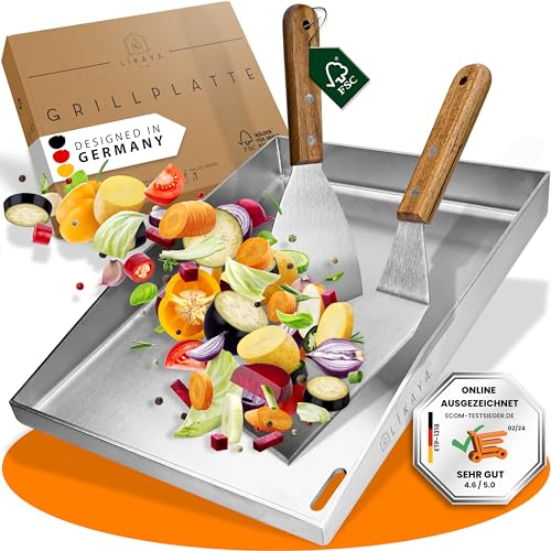 Plancha para barbacoa, 30 x 40 cm, con 2 espátulas para barbacoa con mango de madera de acacia FSC, accesorio para barbacoa, acero inoxidable sin deformaciones, parrilla de gas, parrilla de carbón