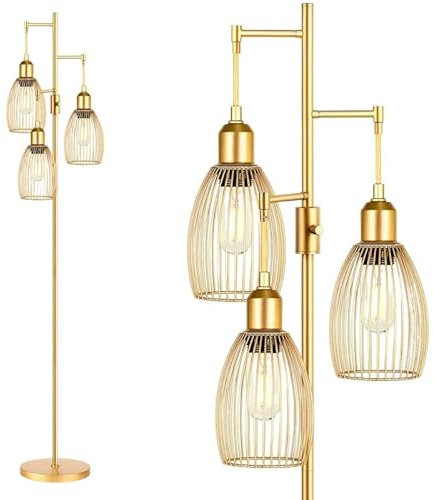 Lampadaires industriels pour salon, arbre doré avec 3 têtes élégantes en forme de goutte d'eau et ampoules LED de 800 lumens pour chambre à coucher et bureau