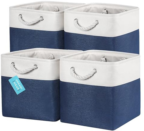 OrganiHaus Aufbewahrungsbox 30x30cm 4er-Set, Würfelkörbe aus Stoff mit Seilgriffen, Faltbare Aufbewahrungswürfel für Kallax Organizer, Ablagekörbe für das Kinderzimmer Navy blau