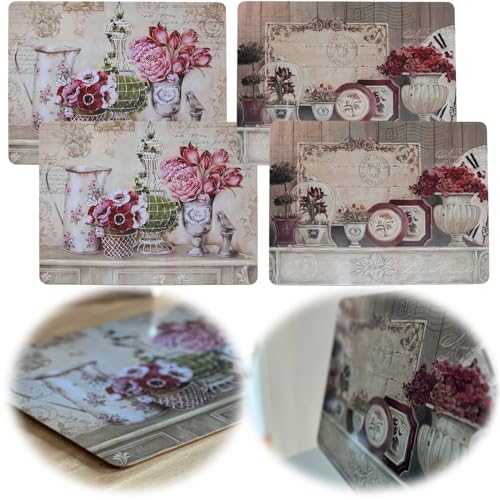 LS-LebenStil 2X Kork Retro Tischset Platzset Vintage Flower Krug 40x30cm abwaschbar Rechteck Platzmatte abwaschbar Korkunterseite Placemate Tisch Untersetzer Unterlage Teller Geschirr Vasen