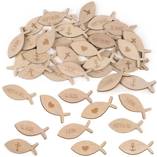COLOFALLA 60 Stücke Kommunion Konfetti Kommunion Streudeko Taufe Konfetti Fisch Streudeko Taufdeko Holz Fisch Tischdeko zum Basteln DIY Konfirmation Deko Junge Mädchen