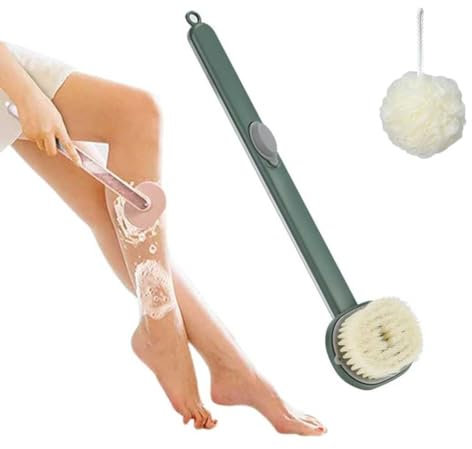 Long Handle Shower Brush with Bath Sponge Long Handle Bath Massage Cleaning Brush with Soap Dispenser One Touch Foam Bath Back Shower Brush Comfortable Skin Cleansing Bath Scrub (Green)