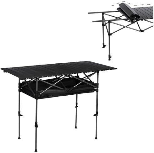 HshDUti Outdoor Folding Portable Picnic Camping Table with Large Storage Organizer and Carrying Bag, Roll-Up Aluminum Portable Beach Table Top Camp Table for Indoor Outdoor Picnic Backyard 120cm