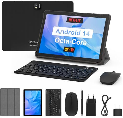 AWOW 10 Zoll Tablet mit Tastatur: Android 14 Octa-Core 8GB+64GB 1TB - Bluetooth 5.0 5000mAh 1280 * 800 FHD Dual Kamera mit Tastatur, Maus, Typ C, Adapter, Hülle, OTG-Adapter, Stift