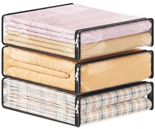 Lifewit Confezione da 3 sacchetti trasparenti in plastica con cerniera, 14 l, per maglioni, vestiti, contenitori pieghevoli in vinile per armadio, coperte, biancheria da letto, 40 x 35 x 9 cm