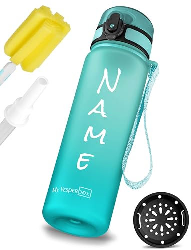 My Vesperbox Minny Gourde pour enfant, personnalisable avec paille ou passoire, sans BPA, pour la maternelle, l'école, les loisirs, le sport (bleu turquoise, 500 ml)