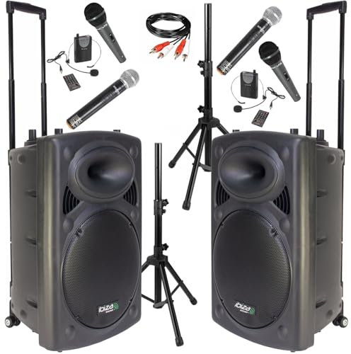 Ibiza – Pack de 2 altavoces portátiles PORT15VHF-BT USB Bluetooth 800W 6 micrófonos – Par soportes para altavoces SS01B-MINI