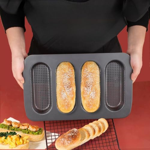 Xshelley Carbon Steel Hot Dogs Buns Mold,Perforated French Loaf Baking Molds Pan,mini Bread Sandwich Baking Tray,Non-Stick Hot Dog Bun Baking Tray,for Crispy Loaves & Rolls