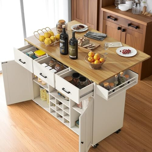 Cayipng Carrito de Cocina, Isla de Cocina de Madera con encimera abatible, toallero y especiero, Carrito de Comedor con 3 cajones, Puerta de Mueble, Blanco