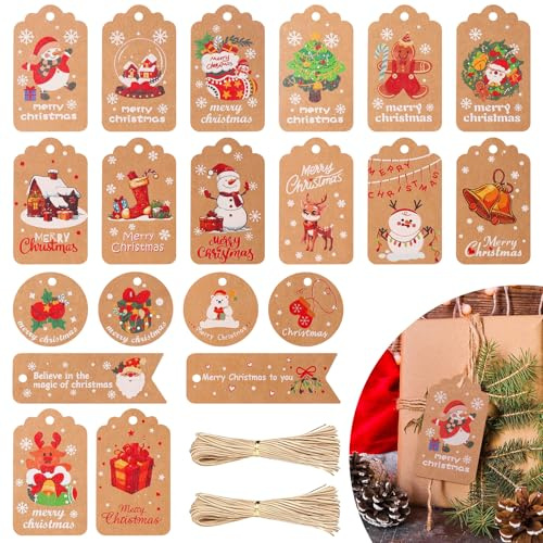 100 Stück Geschenkanhänger Weihnachten,Frohe Weihnachten Etiketten Kraftpapier Weihnachtsanhänger mit Jute Schnur für Geschenkverpackung Weihnachtsbaum Dekoration