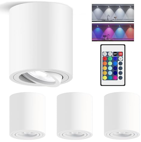 HORUMP 4x LED Aufbauspot RGBW & Dimmbar, Deckenspot mit GU10 Fassung, Deckenstrahler 30°Schwenkbar 230V 6W RGB Kaltweiß 6500K, Aufbaustrahler mit Fernbedienung Aluminium Aufputz Spots, Rund Weiß