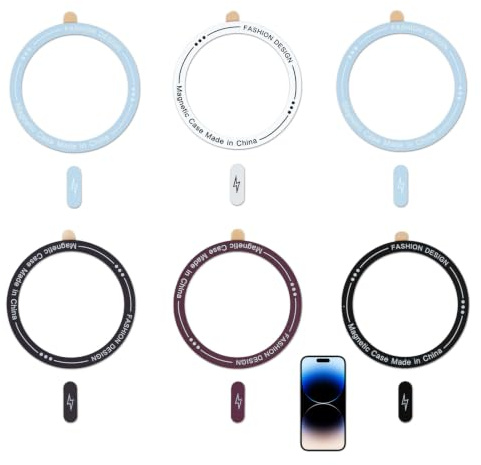 6 Stück Ring Aufkleber Universal, Selbstklebender Magnetring Magnet Metallring für Handyhülle, Adapter Sticker kabelloses Laden kompatibel mit i-Phone 11 bis 17 für Galaxy S24 S23