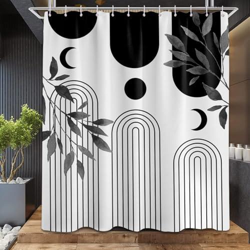 LanZanthic Black and White Shower Curtains for Bathroom Boho Mid Century Modern Leavesl Wet Room Shower Curtain with hooks, Mould Proof Resistant, Waterproof, Washable, Fabric, 180 x 180 cm