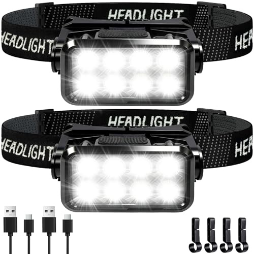 SERIONR Linterna Frontal,Paquete de 2 Linterna Cabeza LED Recargables,Súper Brillantes Linternas Frontales con 5 Modos de Luz,Sensor de Luz,Luz Frontal Cabez IPX6 Impermeable para Camping,Correr,Pesca