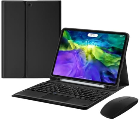 HENGHUI Étui avec clavier et souris pour iPad Mini 5e génération/iPad Mini 4 avec clavier coloré amovible et pavé tactile, jolie touche ronde, noir