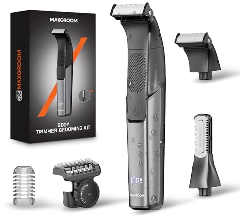 MAXGROOM 2 EN 1 Tondeuse Corps Homme Intime, Rasoir Électrique Homme Étanche IPX6, Lames Double Face, Rasoir Zones Intimes Homme, Sabot Réglable 1-10mm, Écran LED, 100min Autonomie