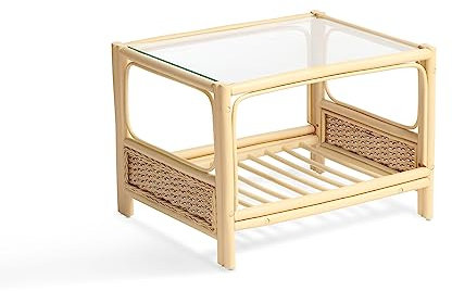 Desser Chelsea Coffee Table with Storage Shelf – Glass Top Table with Natural Wicker Rattan Cane Frame – Luxury Indoor Conservatory or Living Room Furniture - H49cm x W68cm x D53cm