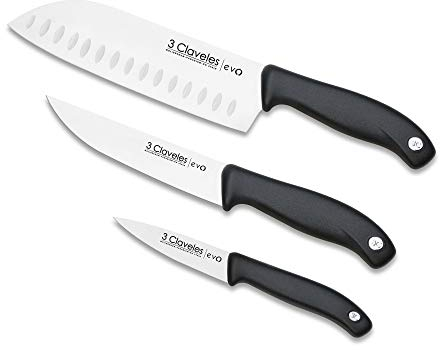 3 Claveles 28006 Set Cuchillos, Verduras 9cm + Cocina 13,5cm + Santoku 18cm, línea EVO, Acero, Plata